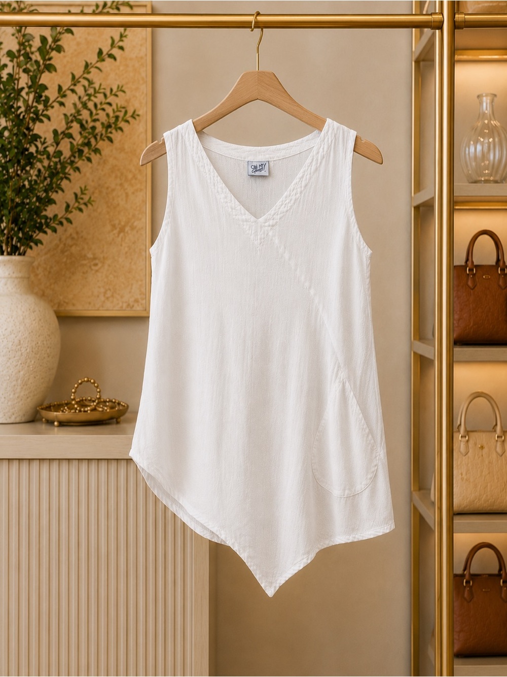 Oh My Gauze Allie White Cotton Gauze Asymmetrical V-Neck Tunic Tank